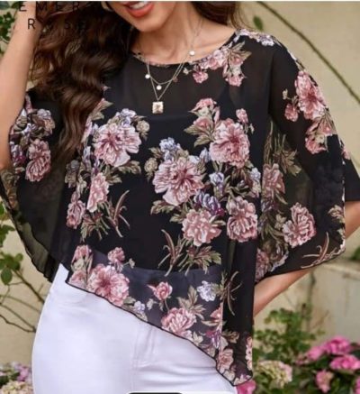 Black Floral Chiffon Blouse – Elegant Loose Fit Women Top