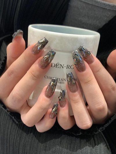 Luxury Brown Crystal Press On Nails – 30 Pieces Glitter Rhinestone Long Acrylic False Nail Set for Women