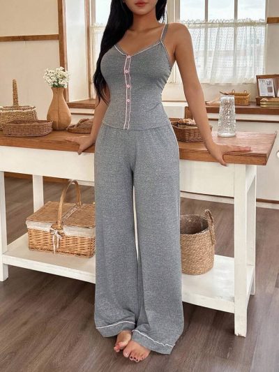 Women’s Button Front Wide Leg Lounge Jumpsuit – Grey Sleeveless Soft Pajama One Piece
