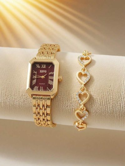 Women Luxury Watch & Heart Bracelet Set – Gold Quartz Watch with Crystal Heart Bracelet