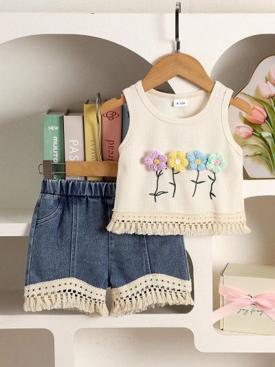 Girls Cream Flower Embroidery Top & Denim Shorts