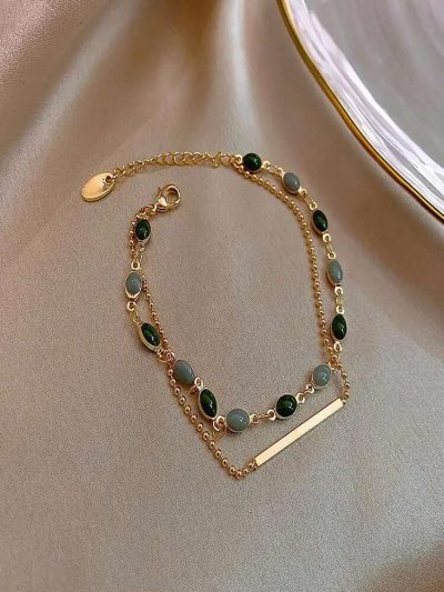 Double Layer Beaded Anklet – Gold Tone Chain with Green and Gray Stone Detail for Women