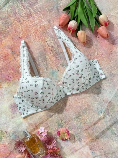 White Floral Print Push Up Bra for Women – Underwire Padded Bra – Lace Trim Shein Style Feminine Lingerie