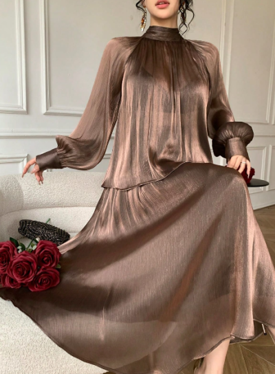 SHEIN Women’s Bronze Satin Blouse and Maxi Skirt Set