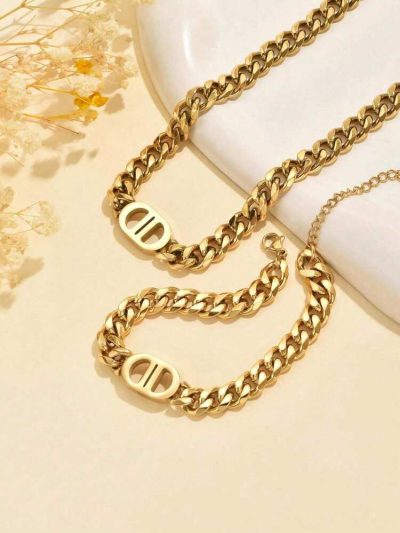 Women Gold Chain Necklace & Bracelet Set – Luxury Cuban Link Jewelry Set