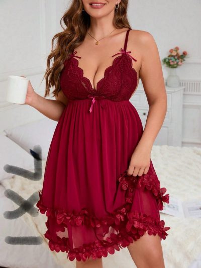 SHEIN Women Burgundy Lace Mesh Babydoll Nightdress