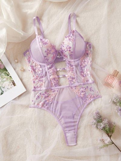 Women Floral Lace Mesh Bodysuit – Elegant Embroidered Lingerie