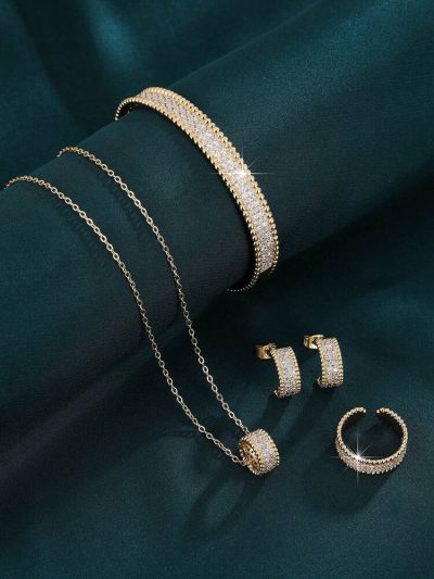 Women Luxury Crystal Jewelry Set – Gold Necklace, Bracelet, Earrings & Ring