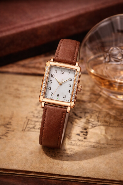 Women’s Classic Rectangular Watch – White Dial & Rose Gold Frame
