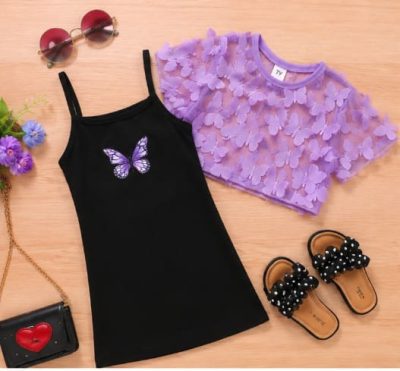 Girls Black Butterfly Dress Set with Purple Mesh Crop Top, 7 Years