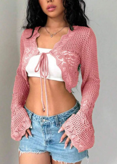 SHEIN Women’s Dusty Pink Crochet Tie-Front Bolero