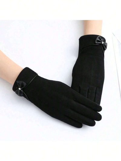 Women Black Bow Detail Gloves – Elegant Winter Touchscreen Gloves