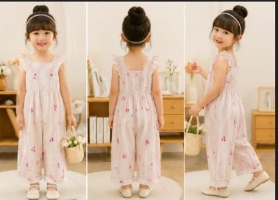 Girls White Cherry Print Sleeveless Jumpsuit – Ruffle Strap Summer Outfit