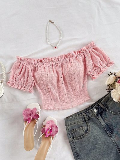SHEIN Pink Off-Shoulder Eyelet Crop Top