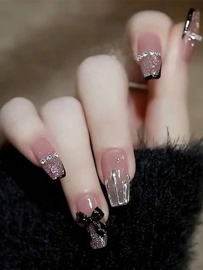 Black Bow French Press On Nails – 24 Pieces Nude Glitter Square Acrylic False Nail Set for Women
