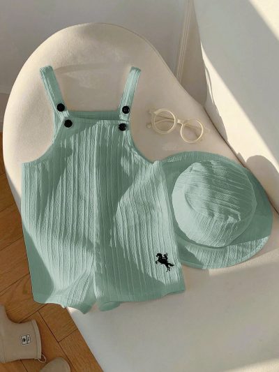 Baby Boys Mint Green Textured Button Strap Romper
