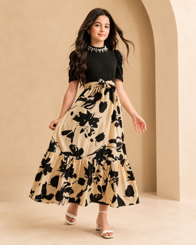 Twirlia Girls Black & Beige Floral Ruffle Maxi Dress
