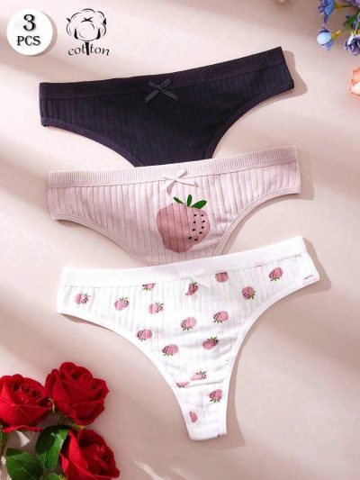 3-Piece Cotton Ribbed Women’s Panty Set – Soft Stretch Strawberry Print Low Rise Everyday Underwear