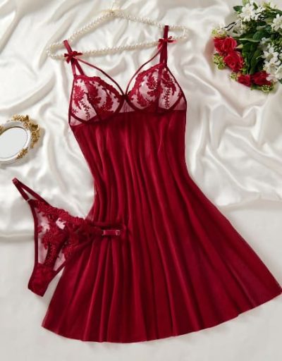 SHEIN Red Embroidered Mesh Babydoll Lingerie Set