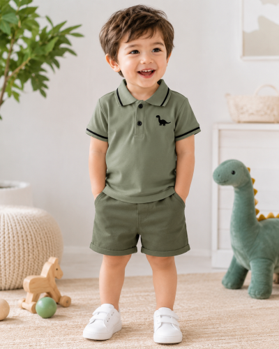 Baby Boys Olive Green Polo Shirt and Shorts Set