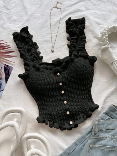 Women’s Black Ruffle Knit Crop Tank Top