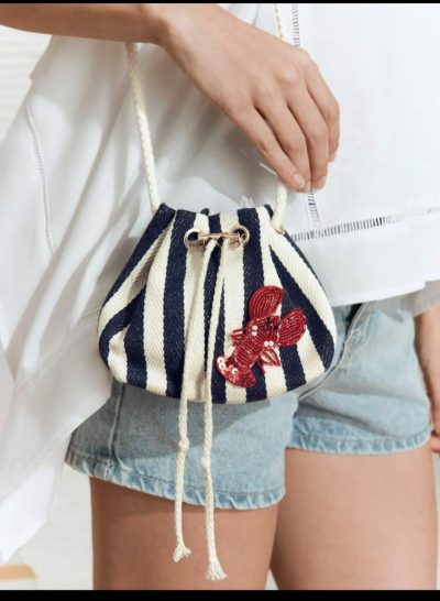 SHEIN Women Navy Striped Lobster Drawstring Bucket Bag