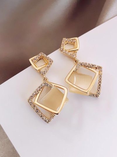 Gold Tone Geometric Drop Earrings – Crystal Accent Layered Square Dangle Earrings – Elegant Women Fashion Jewelry