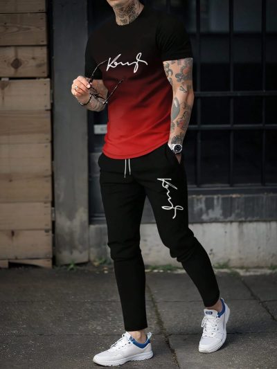 SHEIN Men’s Black & Red Gradient Casual Set – Ombre T-Shirt and Black Jogger Pants