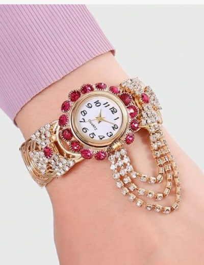 Women Luxury Bracelet Watch – Gold Watch with Crystal & Red Stones – Elegant Dress Watch