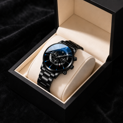 Men’s Black Stainless Steel Watch – Luxury Style Analog Wristwatch with Display Box