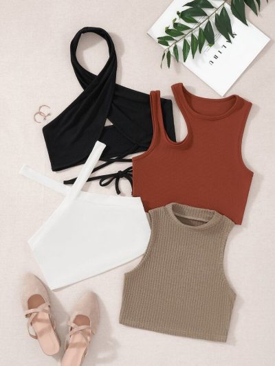 Women’s Ribbed Crop Tank Top Set – 4 Piece Sleeveless Casual Summer Tops – Mixed Neckline Basic Collection