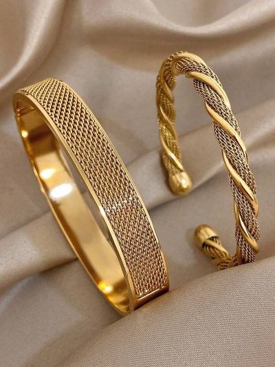 Gold Textured Cuff Bracelet Set for Women – 2 Pieces