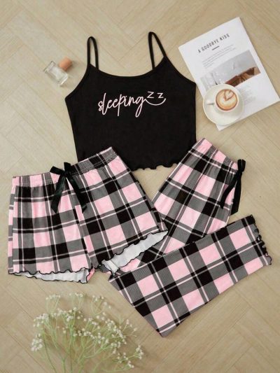 Women’s Sleeping Print 3 Piece Pajama Set – Black Cami with Pink Plaid Shorts & Pants Sleepwear Set