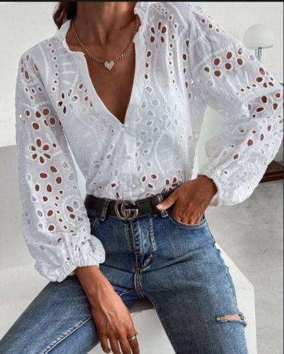 SHEIN Women’s White Eyelet Embroidered Long Sleeve Blouse