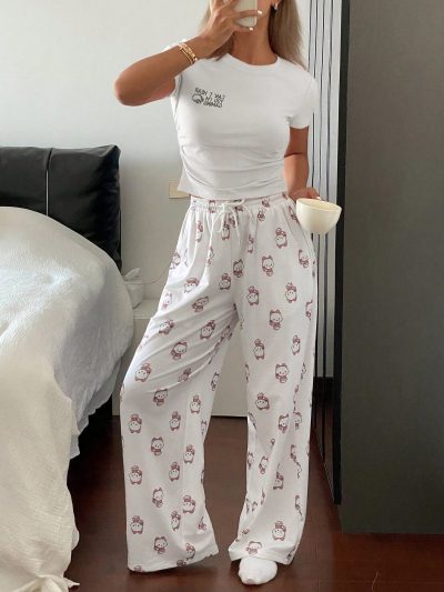 Women’s Ribbed White Tee & Cartoon Print Lounge Pants Set – Cute Two Piece Pajama Set