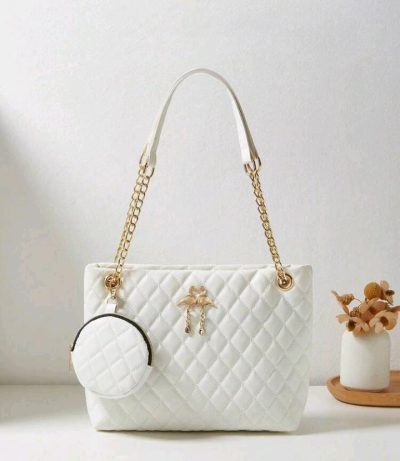 White Quilted Chain Tote Bag with Mini Pouch