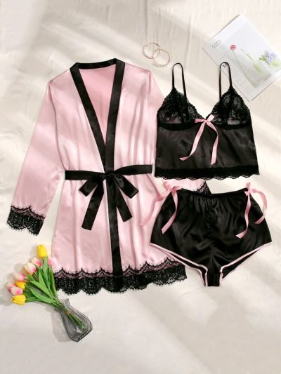 Satin Lace 3-Piece Pajama Set with Robe – Women Elegant Sleepwear