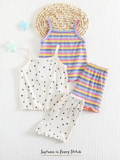 2-Pack Baby Girl Ribbed Summer Outfit Set – Rainbow Stripe & Polka Dot Cami Top with Shorts Sets