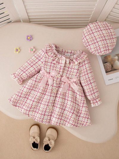 SHEIN Baby Girls Pink Tweed Bow Coat Dress & Beret Set