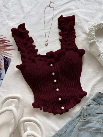 Women’s Burgundy Ruffle Knit Crop Tank Top