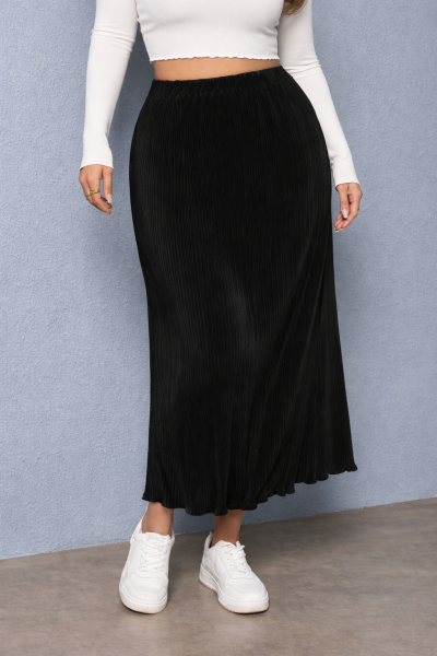 Plus Size Black Pleated Maxi Skirt for Women – High Waist Stretch Casual Long Skirt – Elegant Everyday Curve Fit