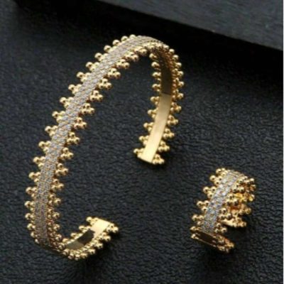 Women Gold Crystal Bracelet & Ring Set – Luxury Open Cuff Jewelry