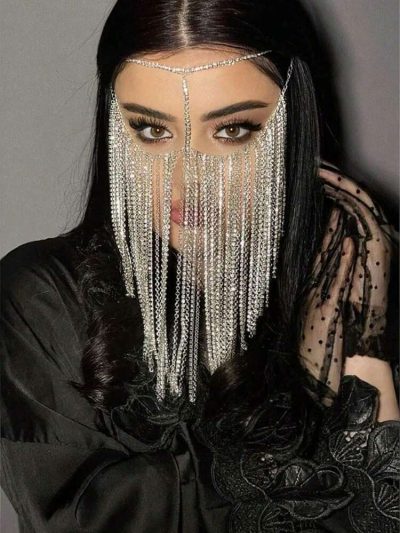 Women Rhinestone Face Chain Veil – Crystal Fringe Head Jewelry
