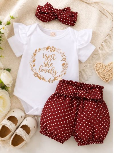 Baby Girl White Bodysuit and Burgundy Polka Dot Shorts Set with Matching Bow Headband, 0–3 Months