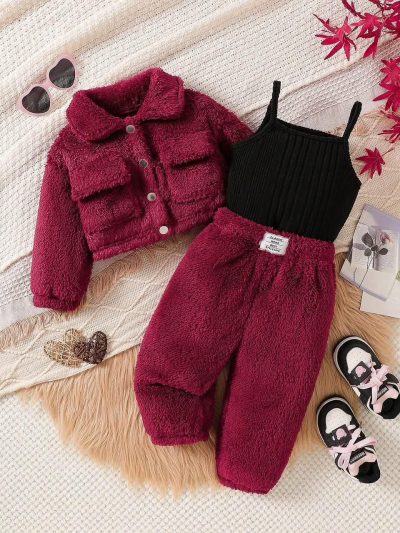 Baby Girls Burgundy Teddy Jacket Top and Pants Three Piece Set