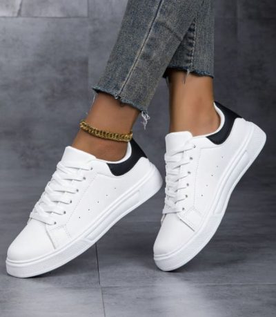 SHEIN Women’s White Lace-Up Sneakers – Black Heel Detail Casual Shoes, SHEIN Fast Delivery in 5 Days