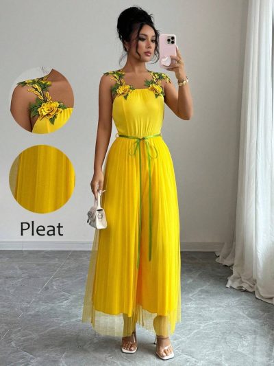 SHEIN Yellow Pleated Maxi Dress with Floral Strap Detail - SHEIN Fast Delivery in 5 Days