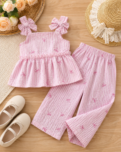 Girls Pink Gingham Peplum Top and Wide Leg Pants Set