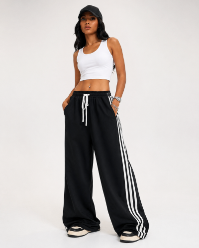 SHEIN Fast Delivery Black Wide Leg Track Pants – White Side Stripe Drawstring Sweatpants