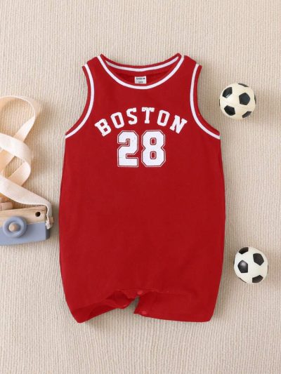 Baby Boys Red Boston 28 Sleeveless Romper – Sports Style Cotton Bodysuit – Snap Closure Summer Outfit